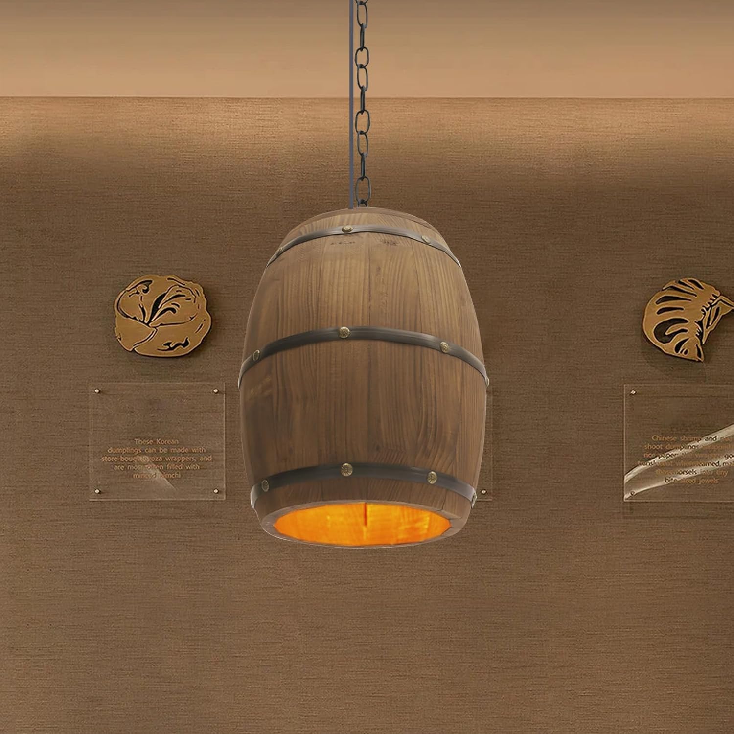 Antique Wood Barrel Pendant, Adjustable Chain Height Whiskey Barrel Decor Bar Cafe Lights, Hanging Rustic Ceiling Lamp Light Fixtures for Home Bar Cafe Kitchen Dining Room Table