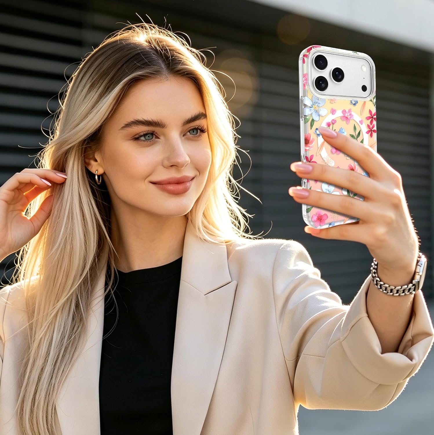 AIGOMARA Iridescent Case for iPhone 17 Pro Max [Compatible with MagSafe] Laser Orange Blue Floral Pattern Soft TPU Bumper Hard PC Back Shockproof Protective Slim Magnetic Cover