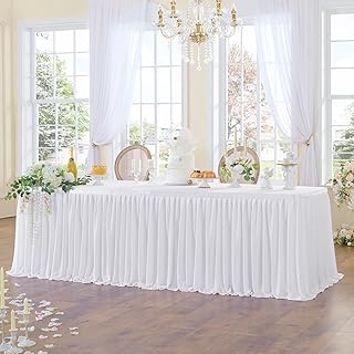 96inch White Polyester Table Skirts for Rectangle Tables 8ft(Cover Front), Wrinkle Free Pleats Ruffle Cloth Table Skirt for Banquet Wedding Party Cake Dessert Craft Gift Tables Decorations