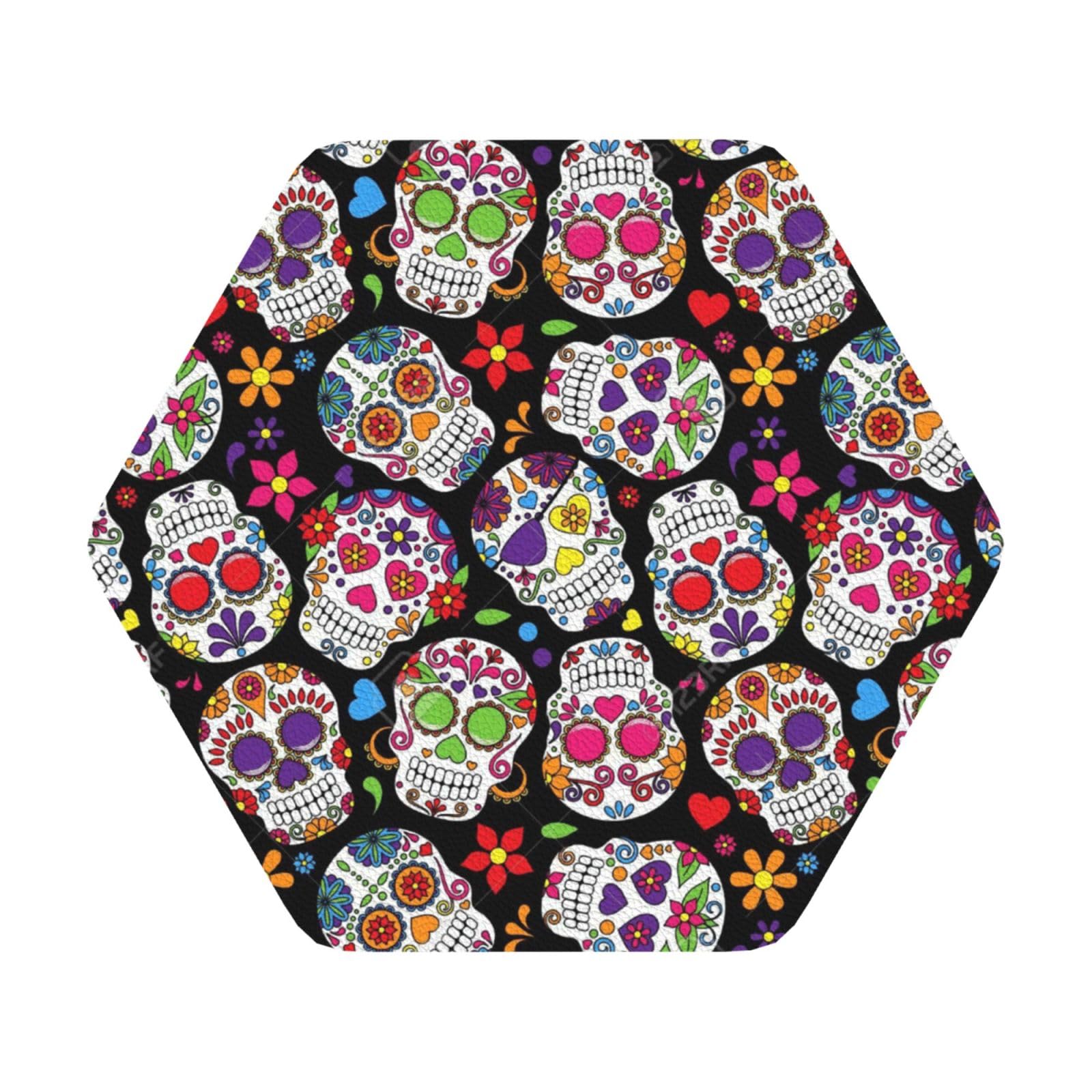 skulls PU Leather Coasters Set of 6 Hexagon Drink Coasters
