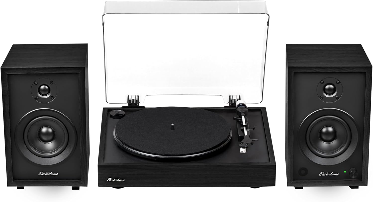 Electrohome Montrose Record Player Stereo System, 4" Bluetooth Powered Bookshelf Speakers, Belt-Drive Turntable with Audio-Technica Stylus, Speed Control Motor, Built-in Preamp, Wood Plinth