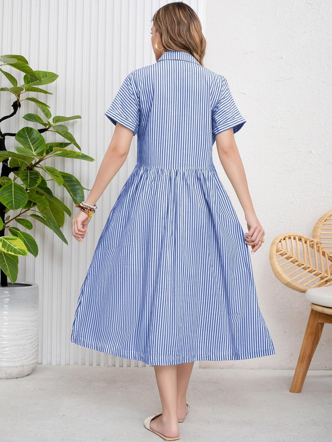 ebossy Women's Boho Striped Shirt Dress Button Up Side Slit Loose Mid Long Cotton Dress with Pockets - Image 5