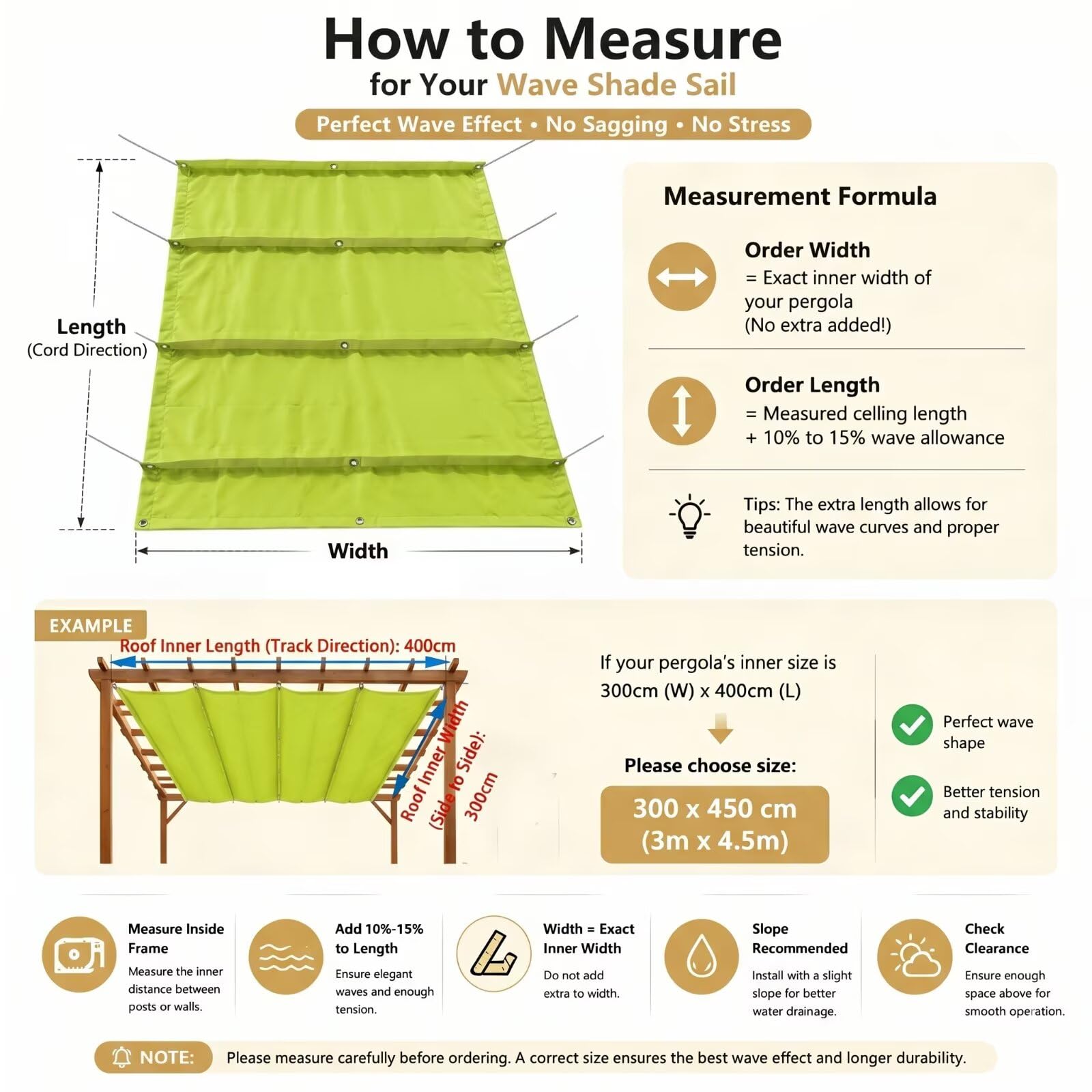 Vela Sombra Rectangular Ondulada 100x550cm Retráctil Impermeable Toldo Exterior Malla de Sombreo Jardín Verde