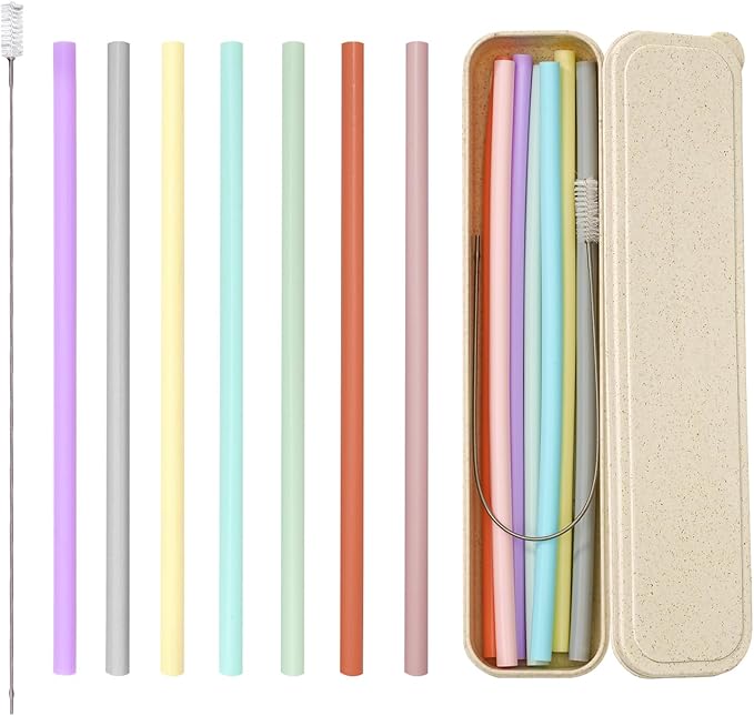 Reusable Straw with Case - Dishwasher Safe ECO-Friendly BPA Free Travel Straws with Case, 9 Inch Extra Long,Flexible Silicone Smoothie Straws with Cleaning Brush (Multicolor)