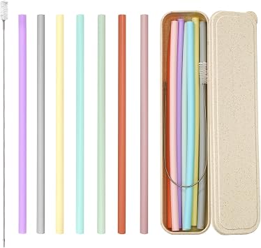HAHE Silicone Reusable Straws with Case, Dishwasher Safe Travel Straw | Flexible Silicone Smoothie Straws with Cleaning Brush, ECO-Friendly BPA Free Travel Straws, 9 Inch Extra Long Reusable Straw