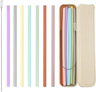 Reusable Straw with Case - Dishwasher Safe ECO-Friendly BPA Free Travel Straws with Case, 9 Inch Extra Long,Flexible Silicone Smoothie Straws with Cleaning Brush (Multicolor)