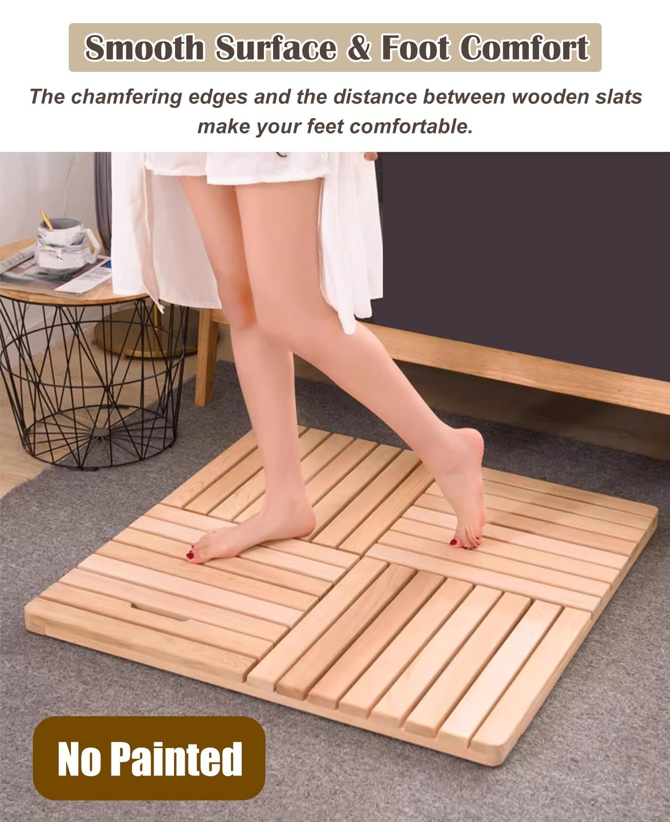 Quadrato Pedana Doccia Antiscivolo per Il Bagno, Lusso Pedana Doccia in Legno Massiccio (Non Verniciato), Pesante Pedana Doccia Legno con Cuscinetto in Gomma Antiscivolo(50x50cm)