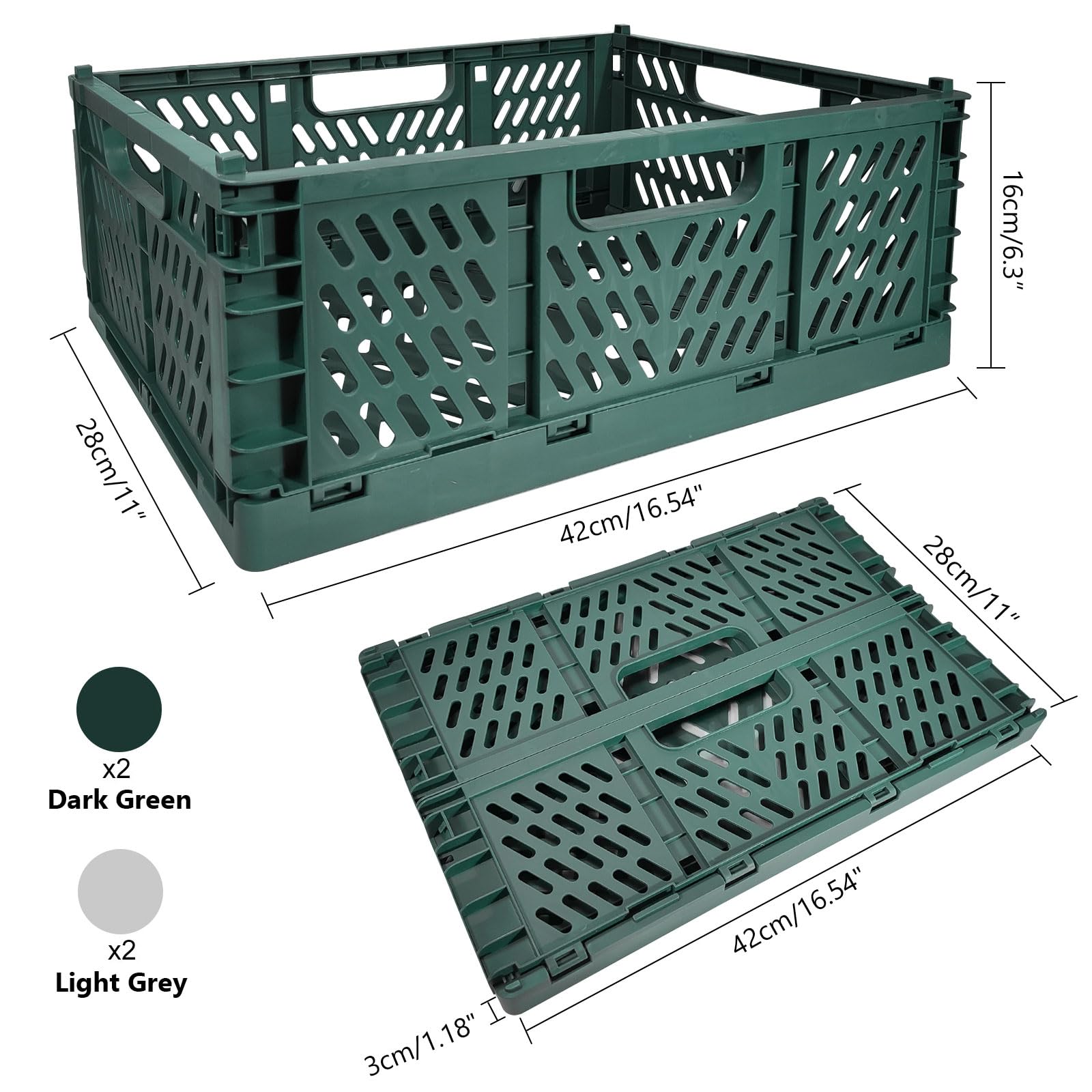 Set di 4 scatole pieghevoli in plastica robusta - Contenitore di stoccaggio impilabile - Per l'organizzazione della cucina, della camera da letto, dell'ufficio, del giardino (verde scuro + grigio, 48