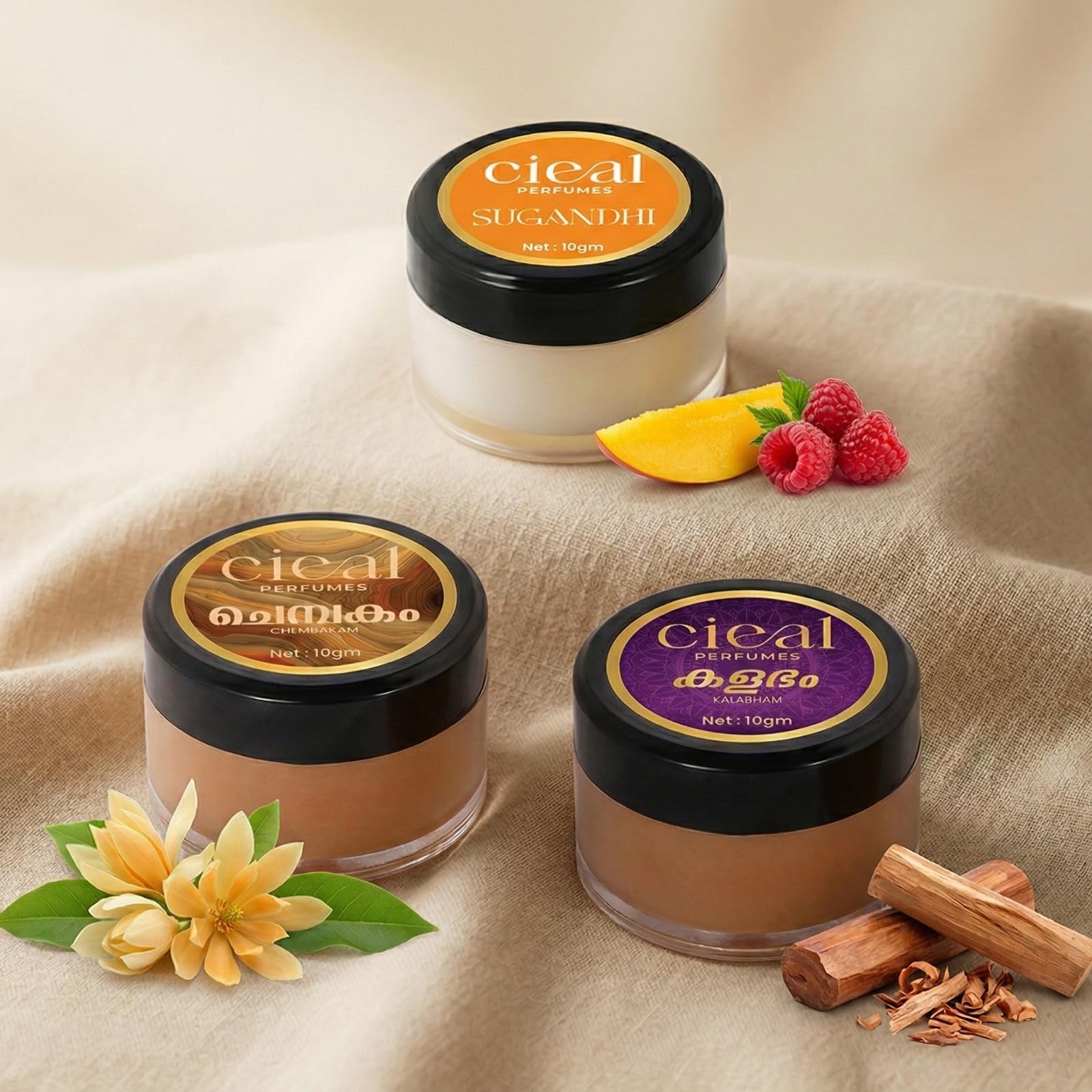 CIEAL Solid Perfume Set of 3 (Kalabham, Sugandhi & Chembakam) | Alcohol-Free Long Lasting Solid Cologne | Pocket Size Travel-Friendly Perfume for Men & Women | Natural Floral Woody Fragrance Gift Set-picture-57