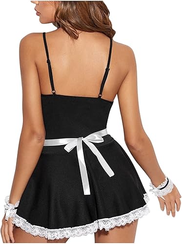 Vista 6 de bawilom Women Sexy French Maid Uniform Cosplay Costume Sexy Naughty Lingerie Set Lace Trim Lolita Apron Maid Roleplay Outfit