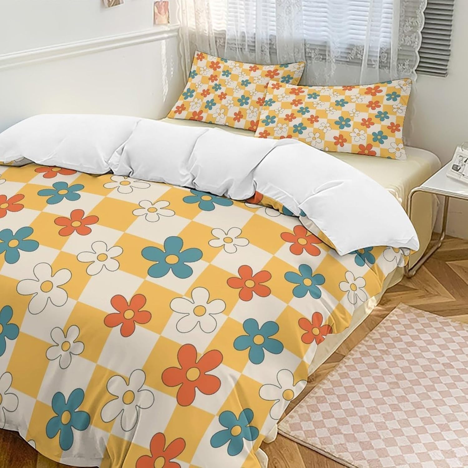 Housse de couette 220x240 damier jaune avec 2 taies d'oreiller microfibre