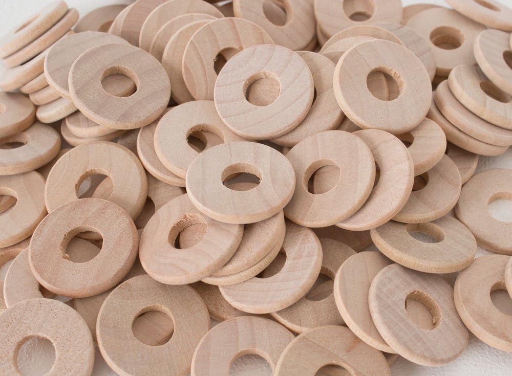 Wooden Washers - Pack of 100-1" Diameter, 3/8" Hole, 1/8" Thick, Beveled Edge - Natural Unfinished Wood Circles Discs