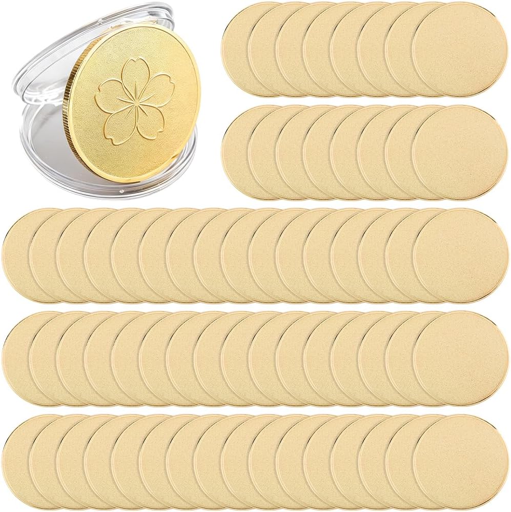 DICOSMETIC 60Pcs Blank Challenge Coin 40mm Golden Laser Engravable Coins Flat Round Iron Stamping Blanks with Protection Box Threaded Edged Metal Coin for DIY Crafts Commemorative Jewelry Making