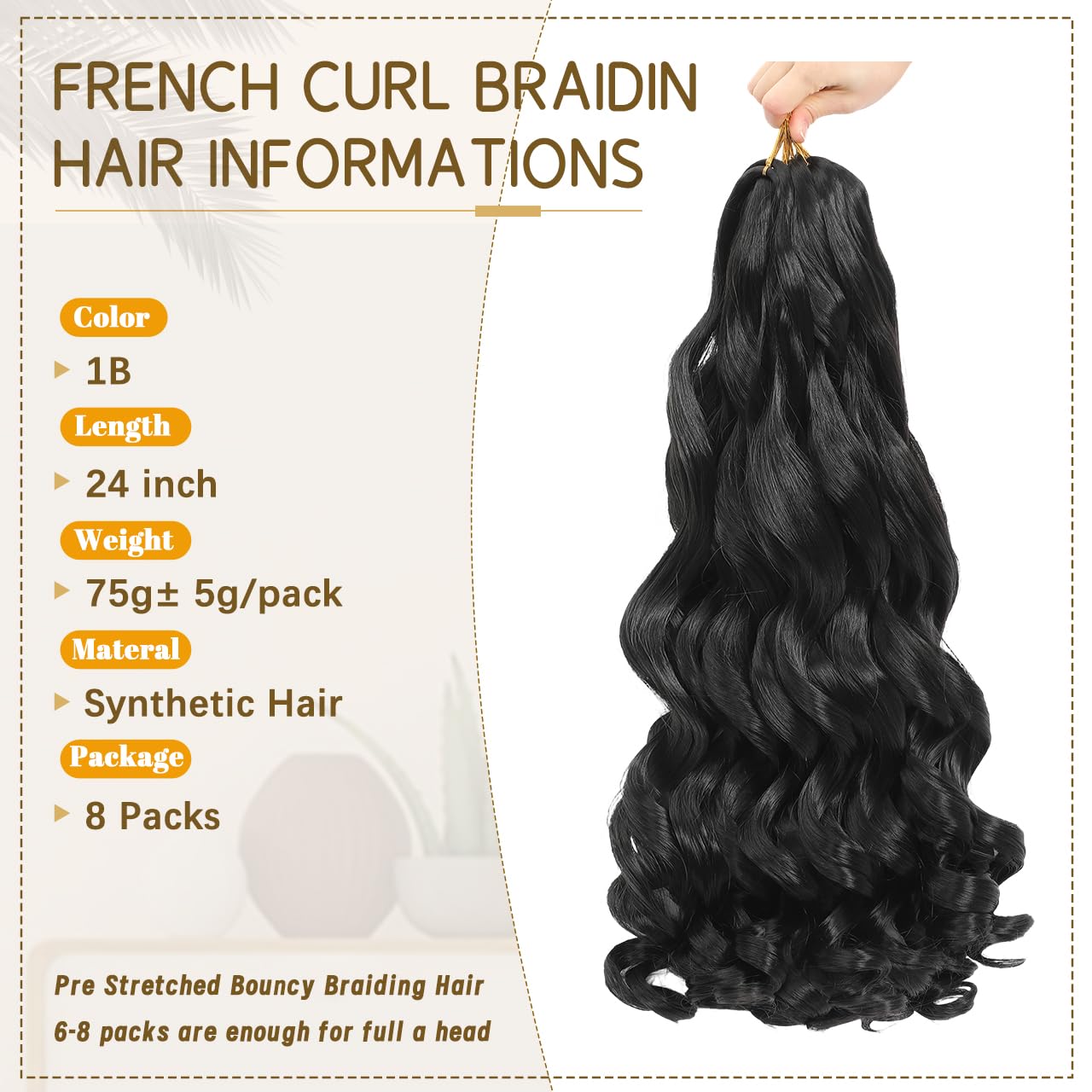 French Curl Braiding Hair Pre Stretched Bouncy Braiding Hair Curly Extension for Braids Synthetic French Curl Braids for Black Women 8 Packs Natural Black Color 24 Inch