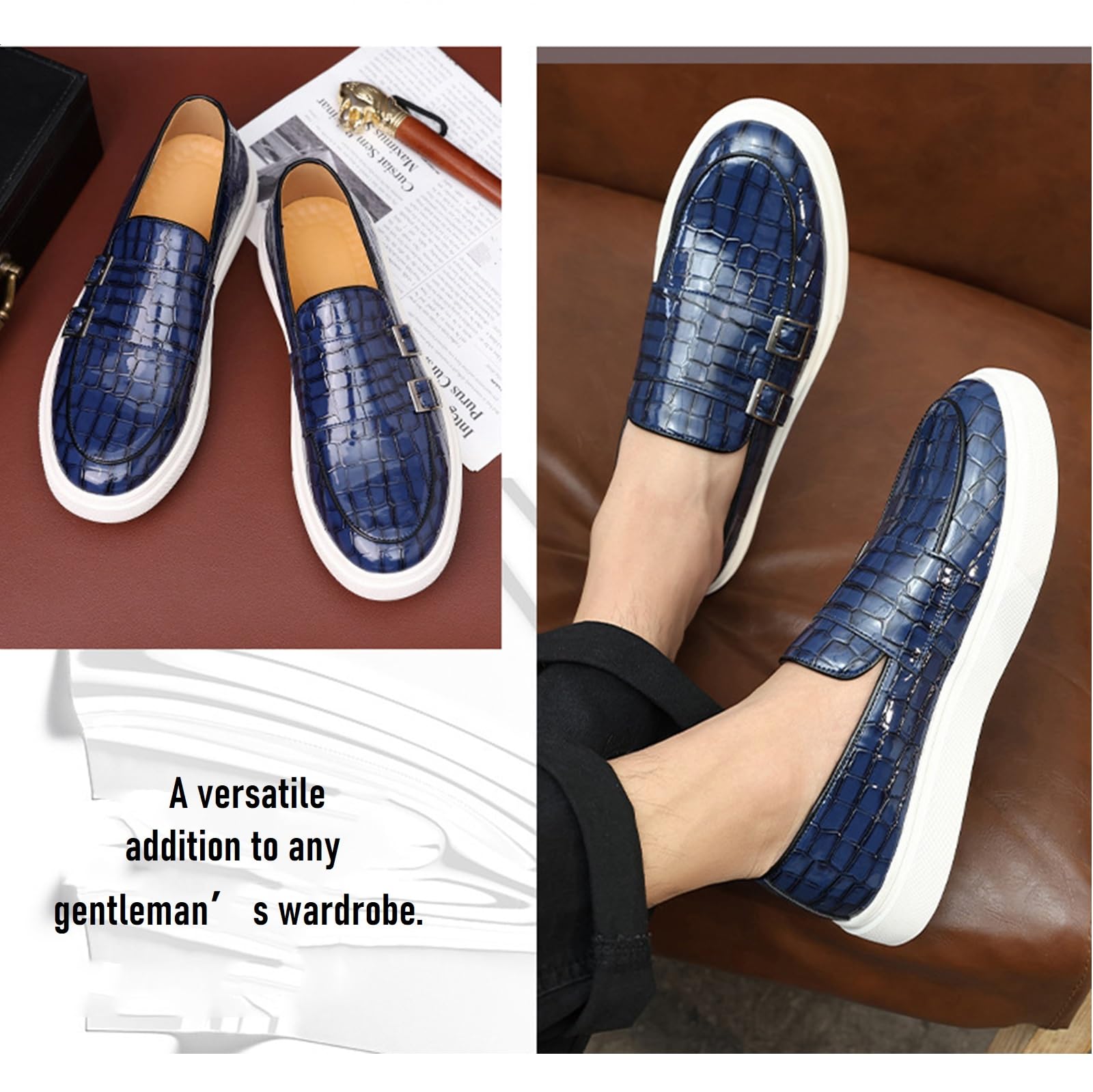 Mocassini Uomo Eleganti Doppia Fibbia Stampa Cocco - Scarpe Classiche Loafers Business Cerimonia Comfort Monk Strap Senza Lacci
