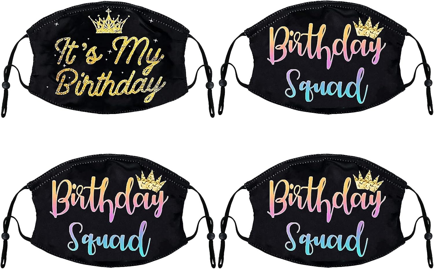 Geyoga 4 Pcs Birthday Squad Face Covering Happy Birthday Printed Face Cover with Adjustable Ear Loops and Nose Clip(Black,Classic Style)