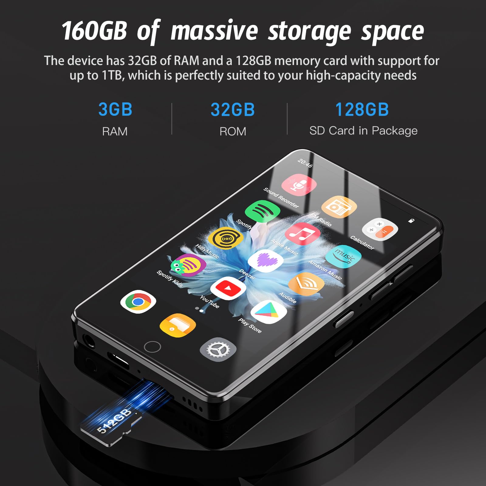 Reproductor MP4 con pantalla táctil IPS HD de 4 pulgadas con Play Store, reproductor MP3 de 160 GB con Bluetooth y WiFi