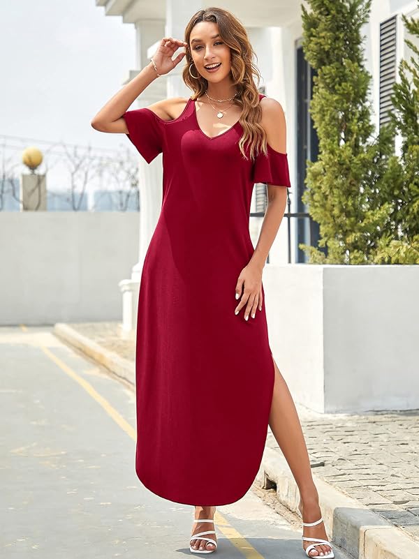 HUSKARY Maxi Dresses for Women 2026 Cold Shoulder Short Sleeve Long Dress by HUSKARY - Used condition - Image 4