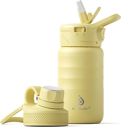 Miniatura 64 de IDEUS Botella de agua aislada de acero inoxidable con 2 tapas a prueba de fugas, termo para senderismo y ciclismo, 24 onzas, amarillo brillante