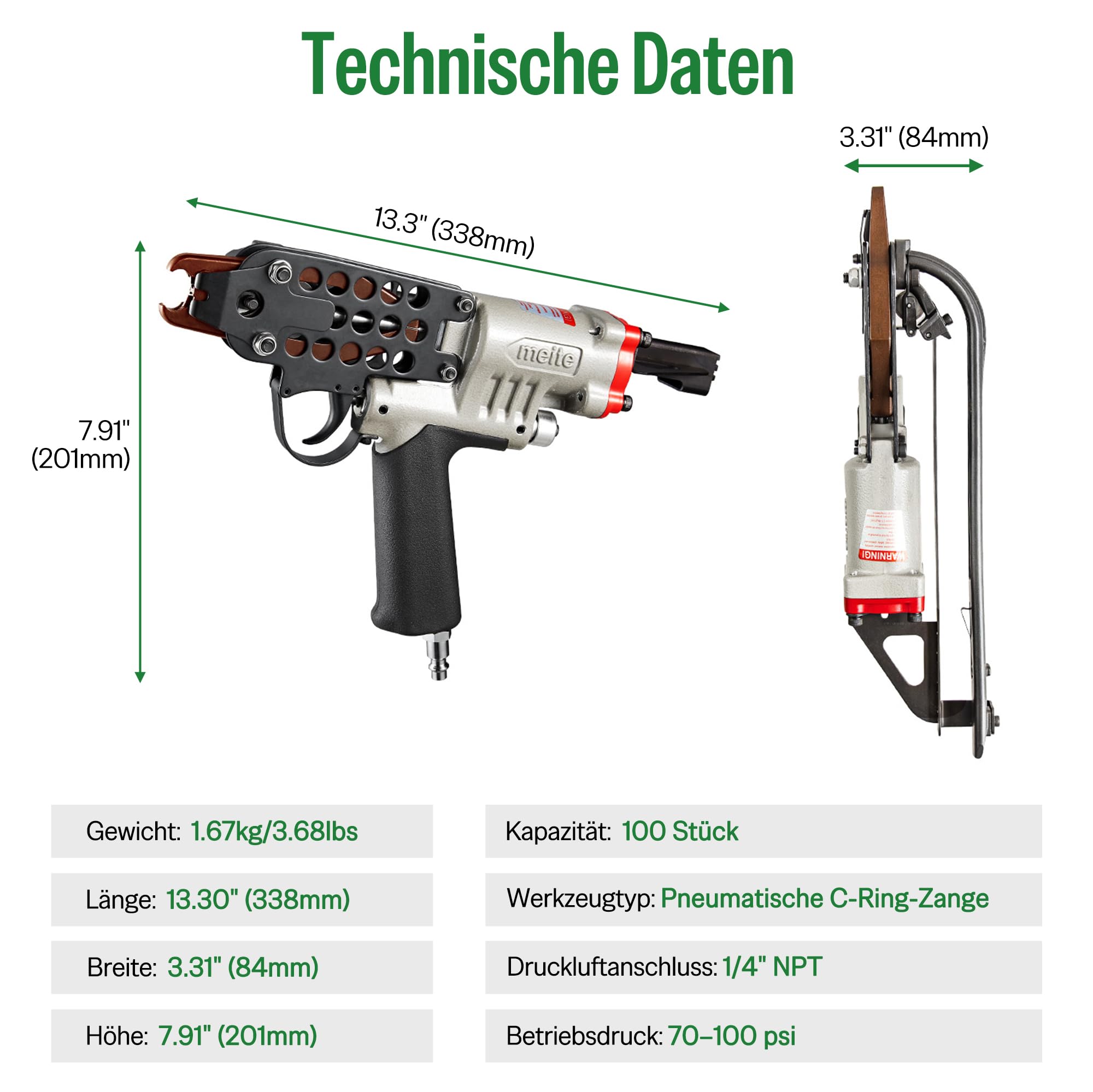 meite SC7C Druckluft Hog Ring Zange, 15 Gauge C Ring Klammerzange für 19 mm Innenkrone, 5,5–6,0 mm Schließdurchmesser, pneumatischer C-Ring-Tacker für Matratzen, Sitzmontage, Drahtkäfige und Zäune | 5,5–6,0 mm Verschluss-Schweineringe für Matratzenmontage