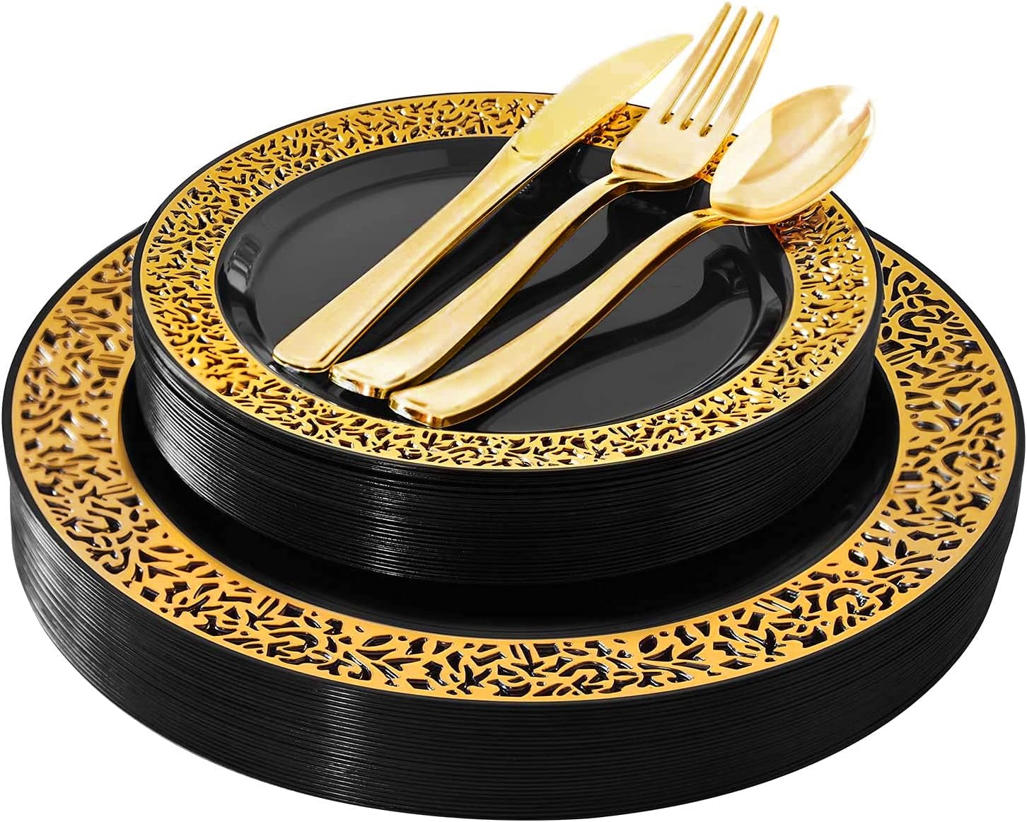 125PCS Black Plastic Plates with Gold Rim & Disposable Gold Plastic
