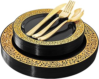 125PCS Black Plastic Plates with Gold Rim & Disposable Gold Plastic Silverware-Black include 25&9.5inch Dinner Plates,25&7inch Dessert Plates,25 Forks, 25 Knives, 25 Spoons