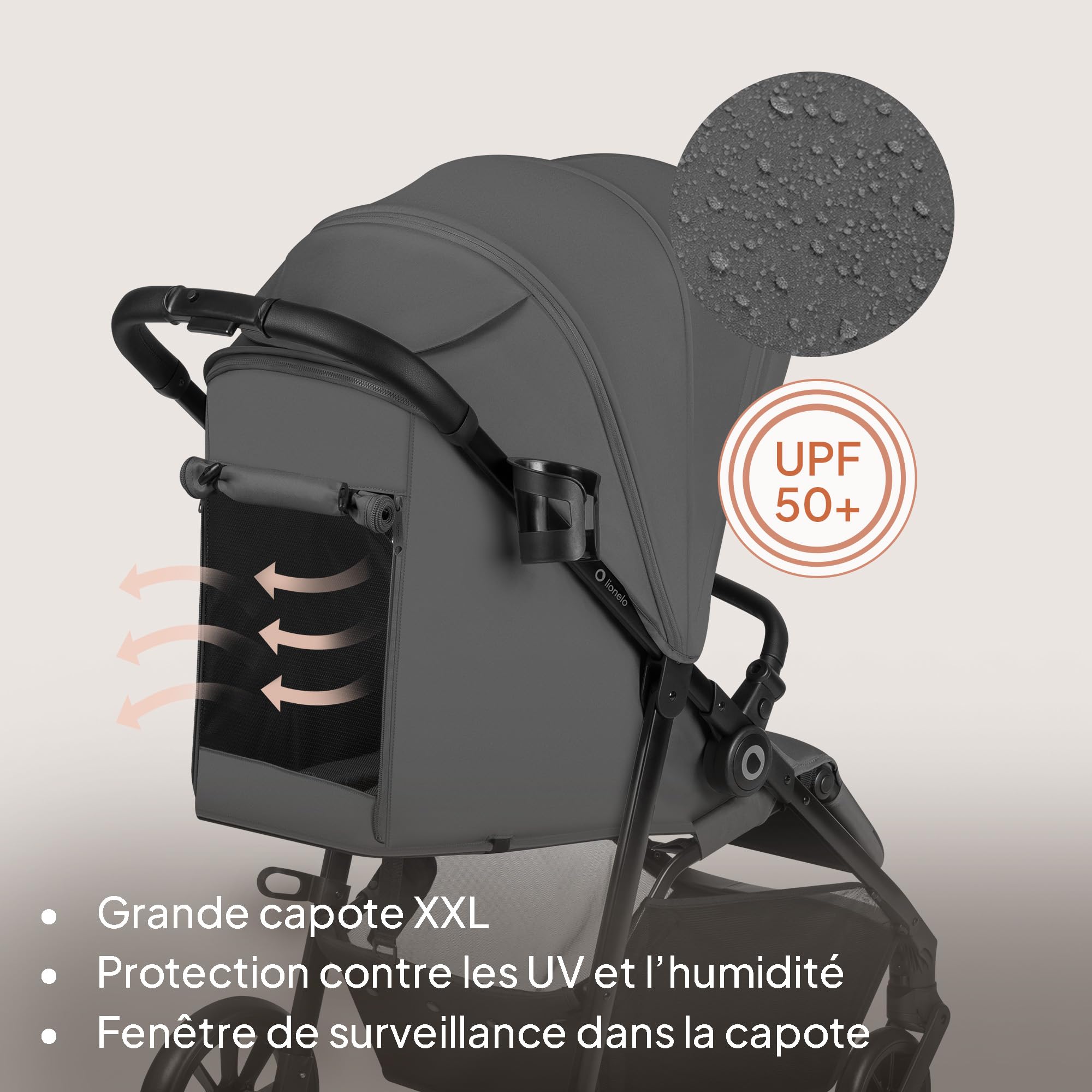 LIONELO Poussette Emerald jusqu'à 22 kg de 6 m à 4 ans Roues Pivotantes EVA 360° Pliable Avec Une Main, Dossier Réglable, Canopy Imperméable UPF50+, Grand Panier (Grey)