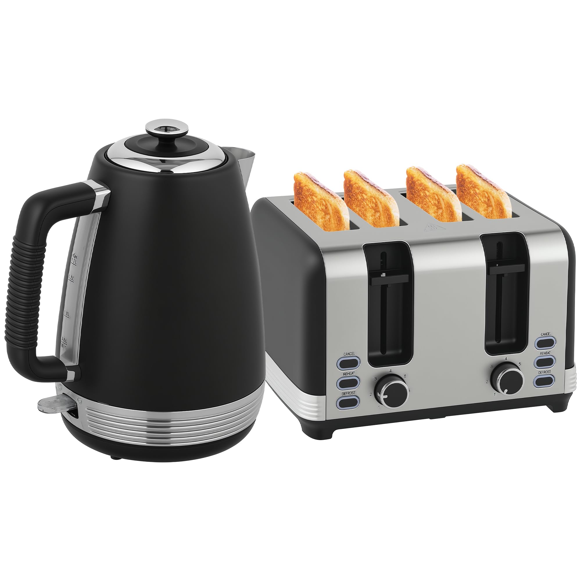 Homcom Black 1.7L 3000W Quick Boil Kettle And 4 Slice Toaster Set Crumb Tray