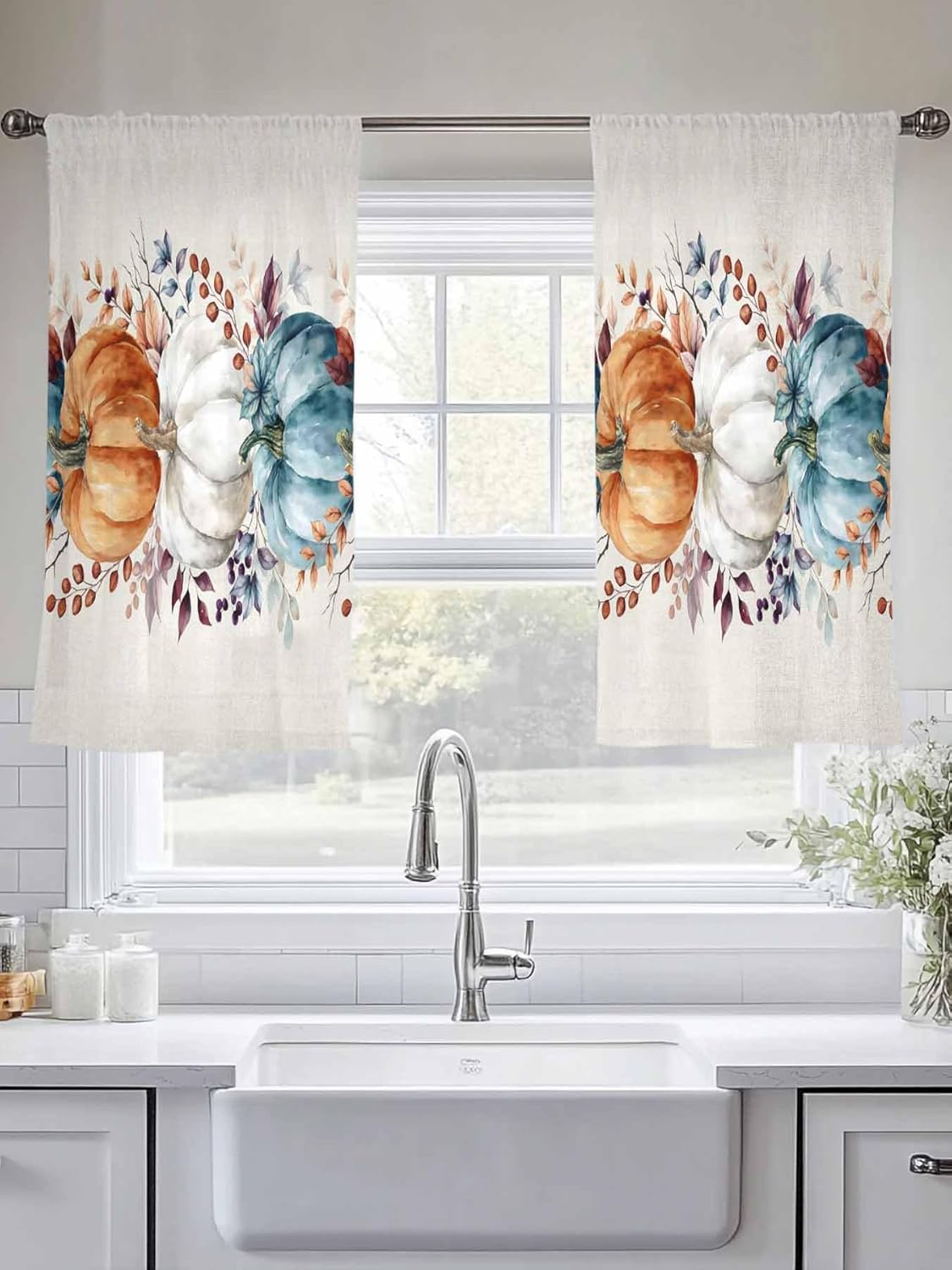 Fall Sheer Curtains for Living Room Bedroom Orange Bluee Pumpkins Thanksgiving Farmhouse Leaf Sheer Curtains 54 Inch Long 2 Panels Set Light Filtering Curtain Window Treatments Drapes for Dining Room