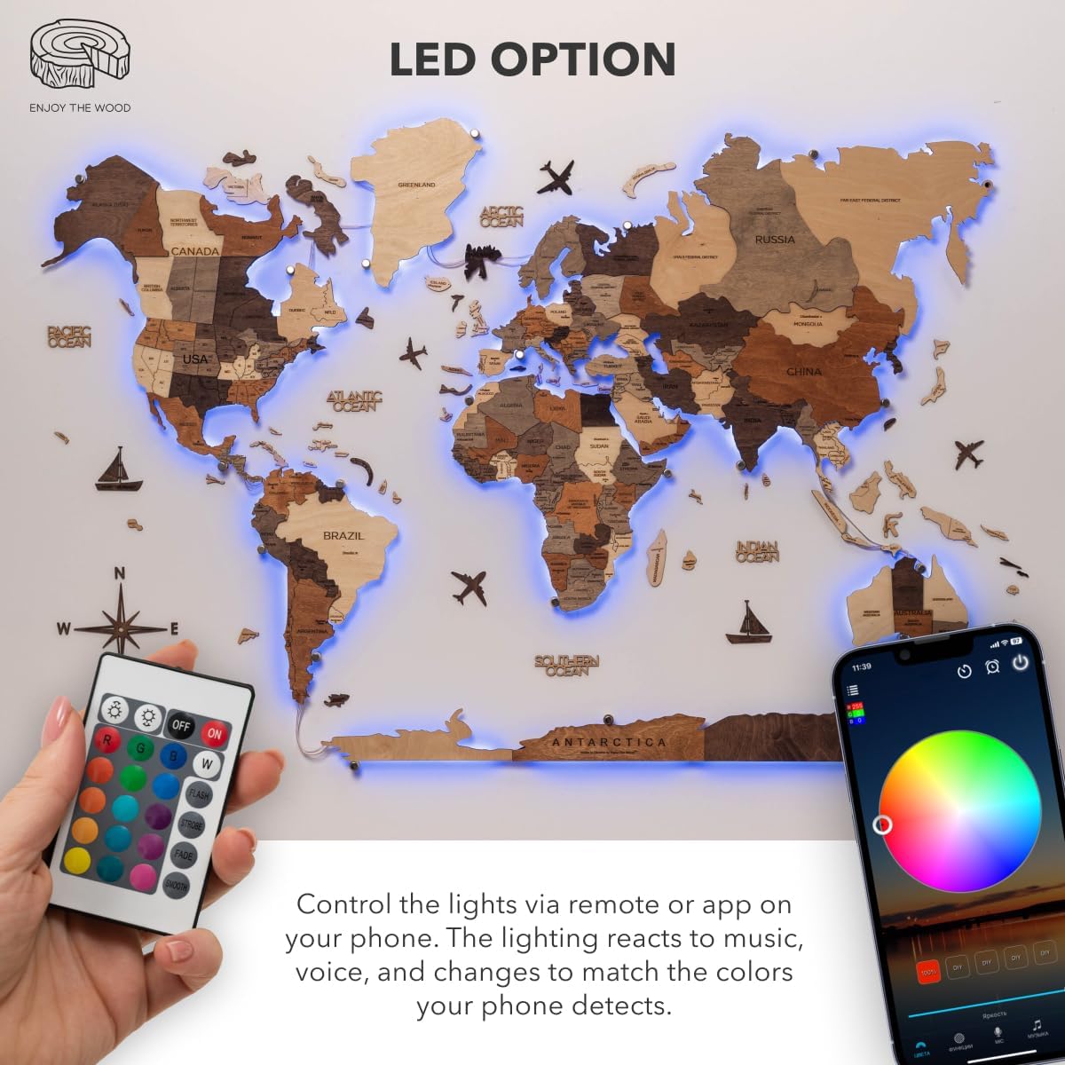 Enjoy The Wood 3D Wood World Map LED 3.0 Wall Art Modern Home Decor Gifts LED Lighting Wall Decor Housewarming Gift (Multicolor)