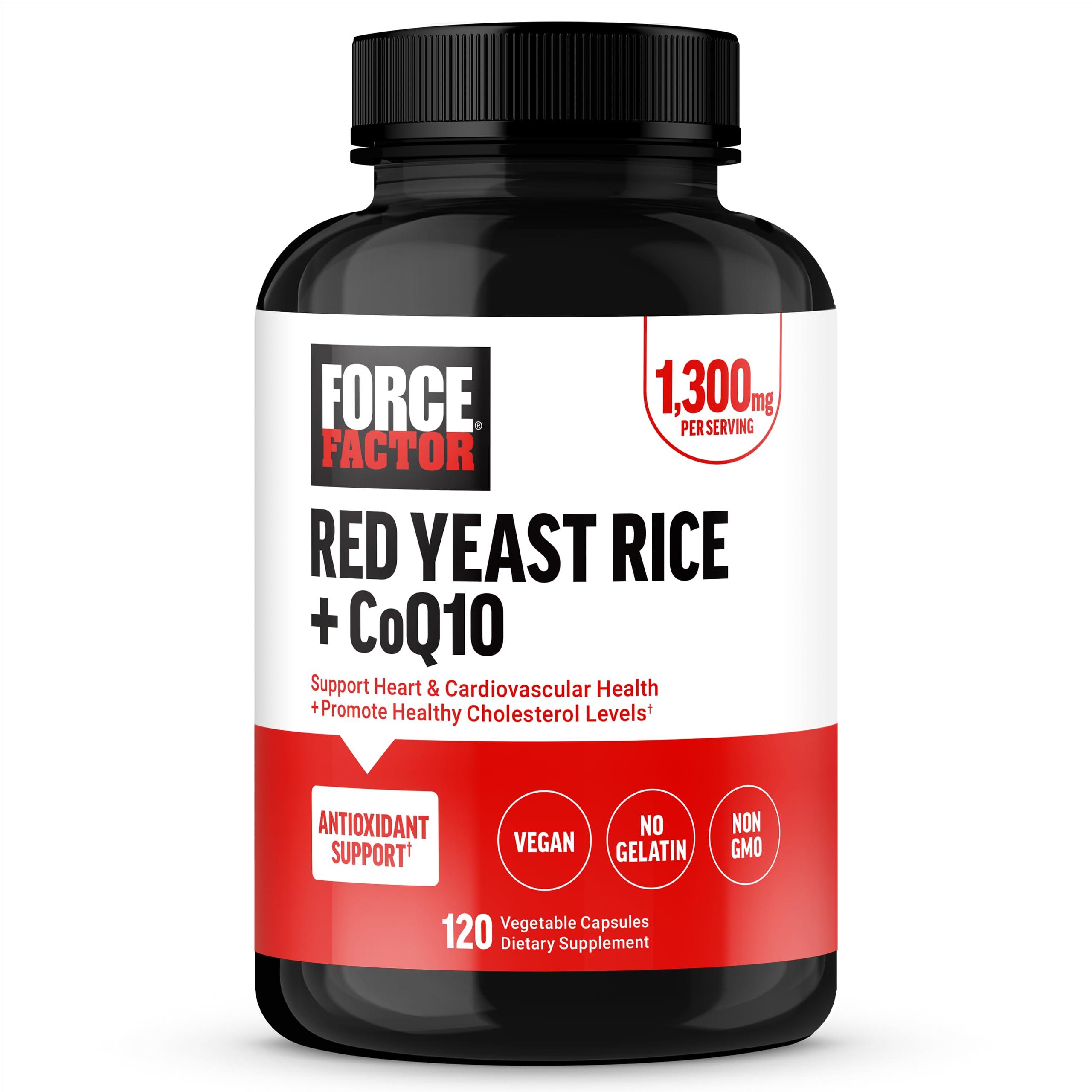 Force Factor Red Yeast Rice + CoQ10 Supplement for Antioxidant Support, Non-GMO, Vegan-Friendly, Premium Quality, 120 Capsules