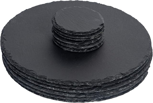 Argon Tableware Set of Round Natural Slate Placemats and Coasters - 6 Coasters & 6 Placemats - Rustic Natural Dining Table Drinks Mats
