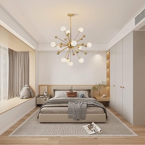 Miniatura 21 de KCO Lighting - Lámpara de araña moderna Sputnik con globo dorado, 18 luces, bola de vidrio de leche, iluminación colgante redonda, lámpara