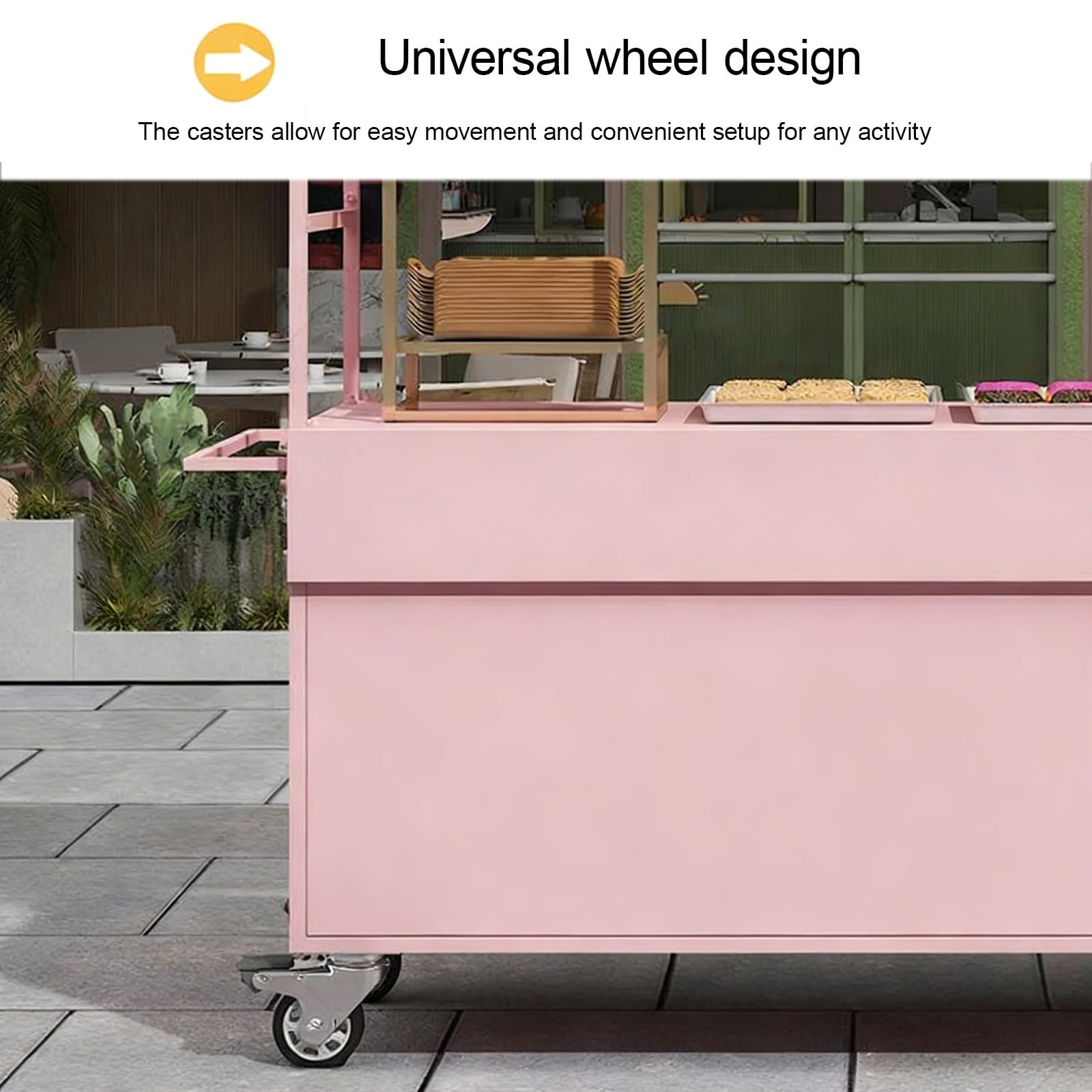 Mobiler Lebensmittelwagen mit Sonnenschutz-Dach und Aufbewahrungsbox, beweglicher Standständer Snacks, Süßigkeiten und Spielzeug