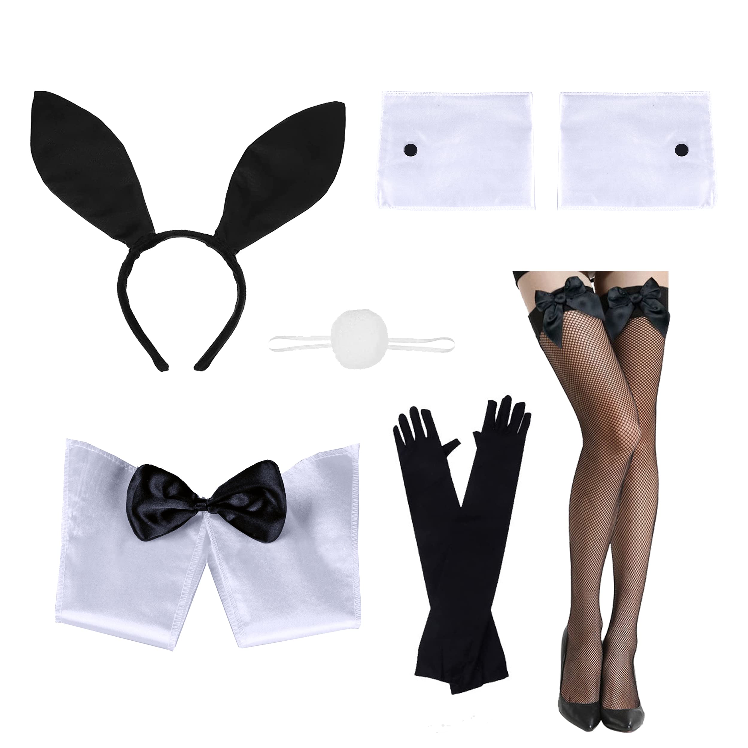 Bunny Costume Set, 6PCS Cosplay Costume for Women Girls Bunny Suit with Rabbit Ears Headband, Bow Tie, Cuff and Tail Easter