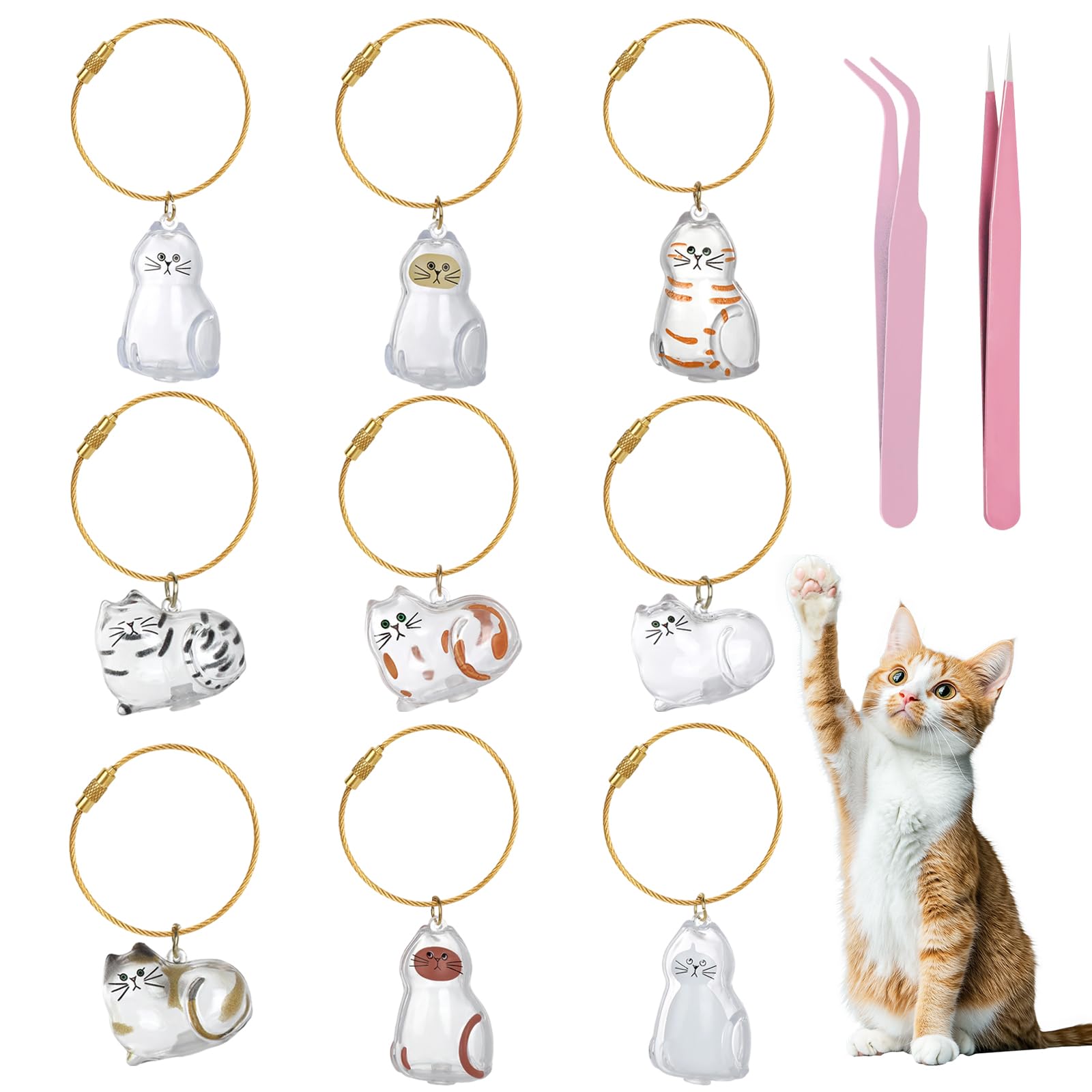 Pack of 9 Cat Hair Keyrings, Transparent Acrylic Key Ring for Cat Hair with Straight Tweezers and Curve Tweezers, Cat Hair Animal Hair Pendant for Pet Memorial