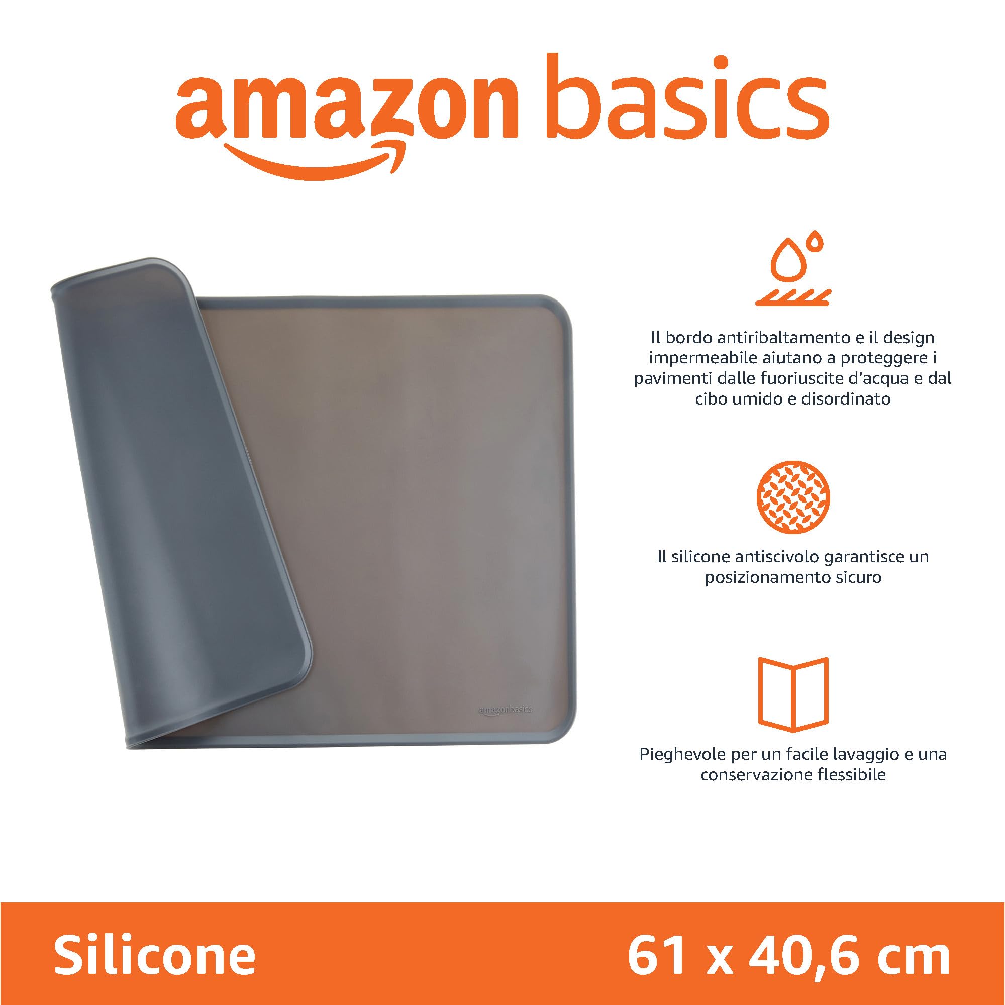 Amazon Basics - Tappetino sottociotola di cibo e acqua per animali domestici, impermeabile, antiscivolo in silicone, 61 x 41 cm, Grigio, Tinta unita