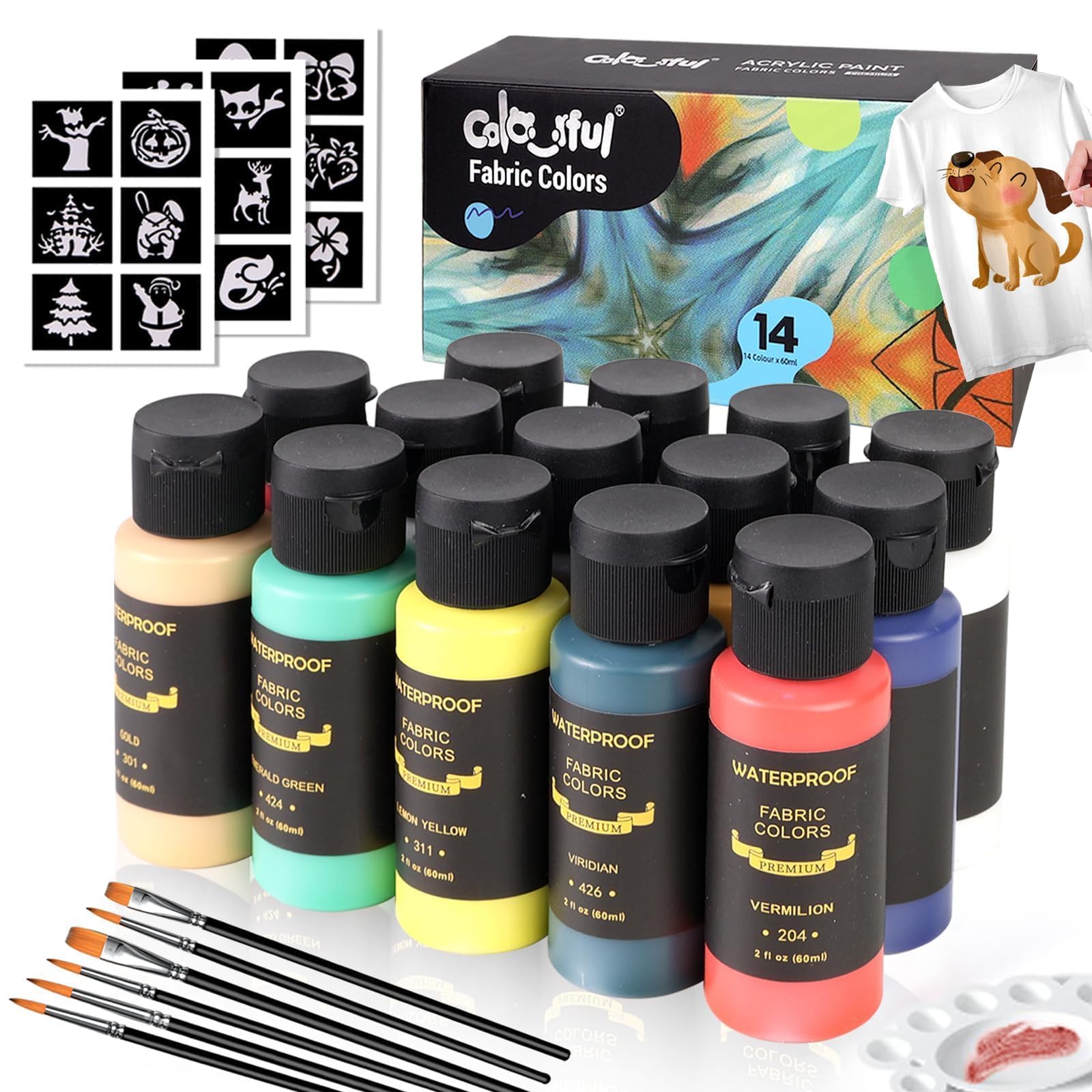 Colorful Fabric Paint Set for Clothes 14 Colors -60ml Permanent Textile Paint Puffy Paint Kit for Shoes, Canvas - Non-Toxic Slick Painting Set for Adults, Beginner & Artists