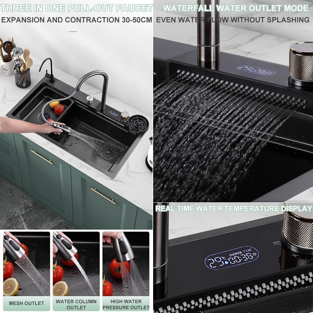 Kitchen Waterfall Sink Stainless Steel Single-Bowl Bar Prep Sink -Coated Workstation Sink with Waterfall Pull-Down Faucet and Cplete Accessory Set (Color : Black, Size : 80x45x21cm)