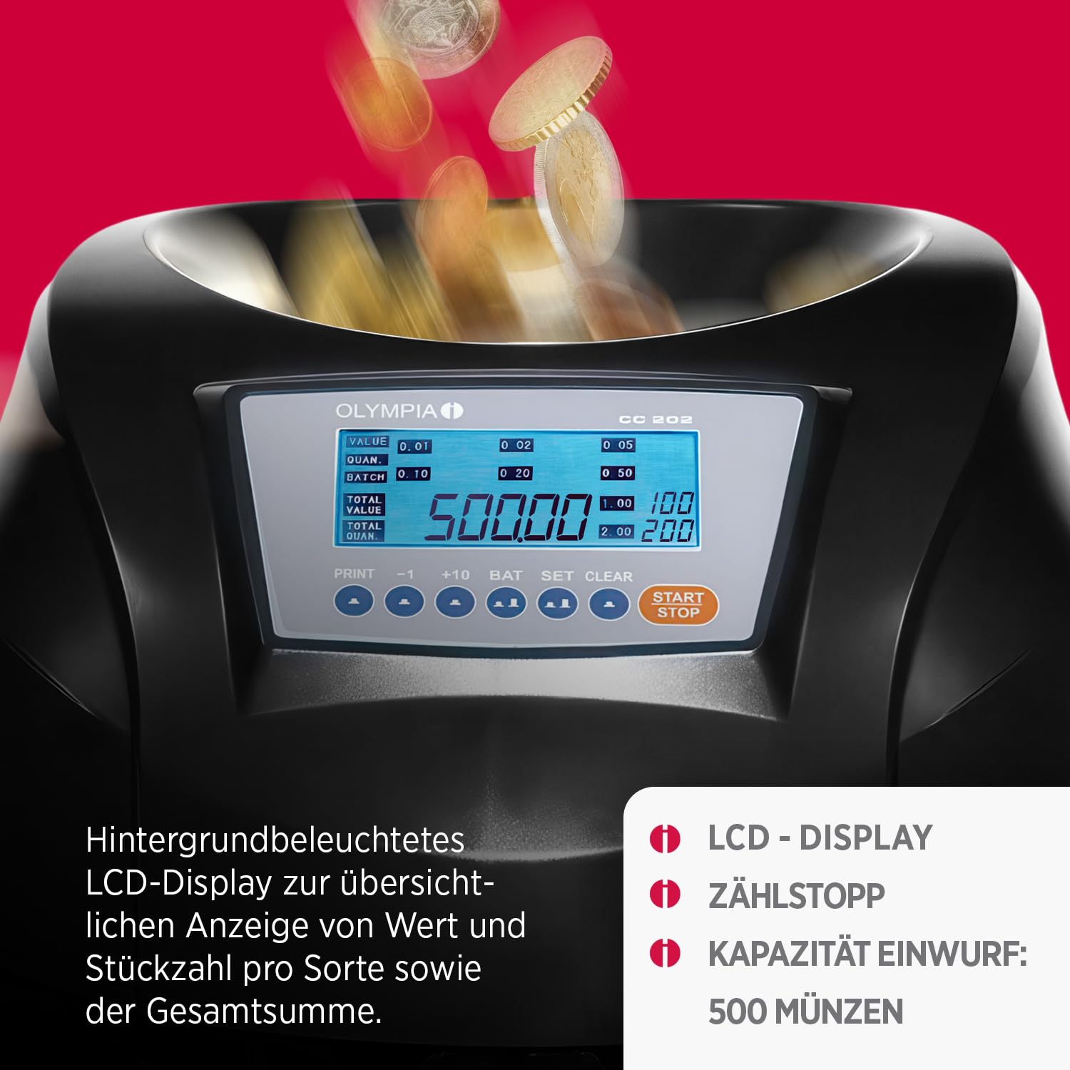 OLYMPIA CC 202 Münzsortierer | Geldzählmaschine für Münzen | Münzzähler & Sortierer für Euro-Münzen | Elektronischer Kleingeld Zähler mit LCD-Display | Zählmaschine mit Additionsfunktion & Bündelung
