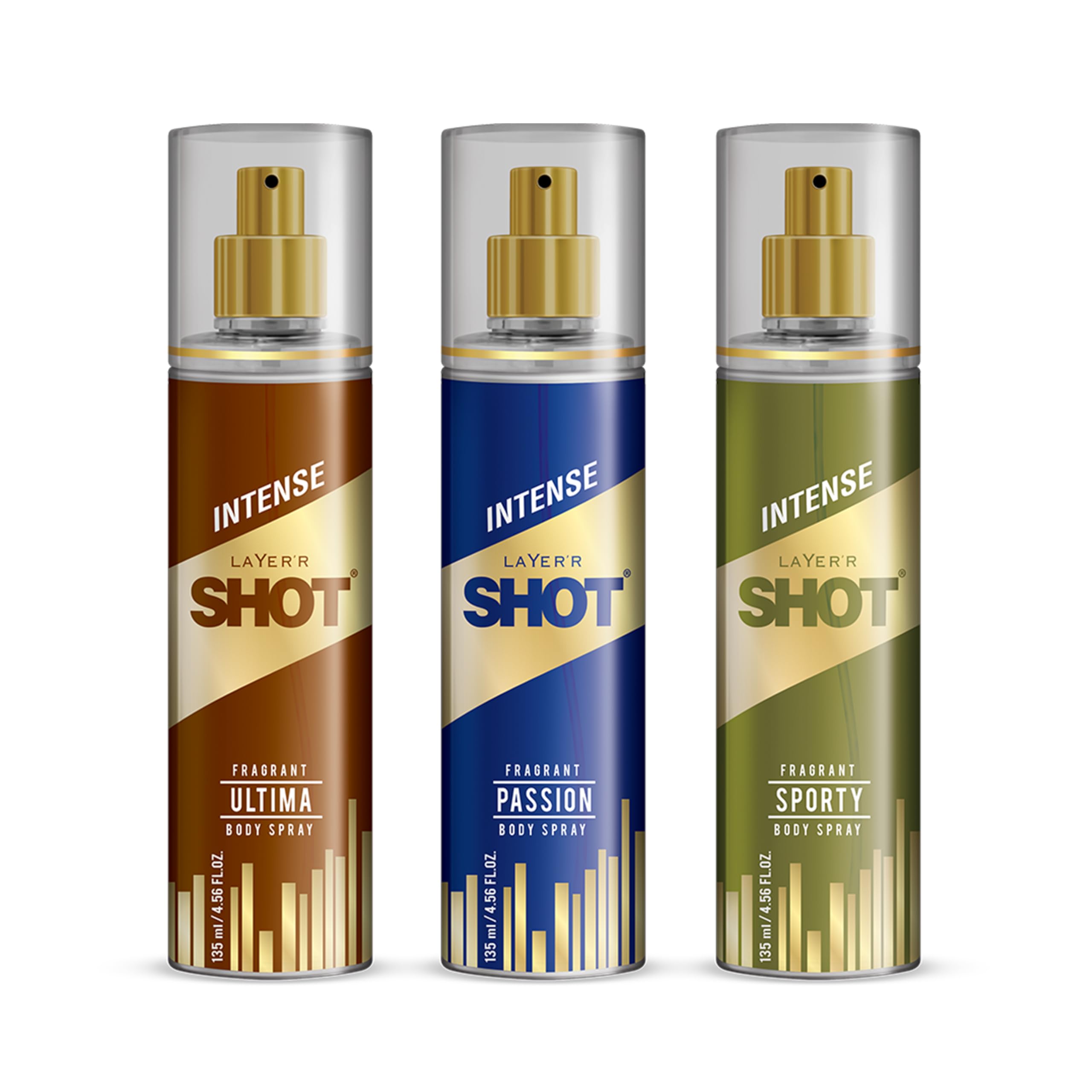 Layer’r Shot Gold Combo Sporty, Ultima & Passion Body Spray for Men, 3×135ml | Long-Lasting Premium Fragrance | Fresh, Woody & Oceanic Scents | Everyday Wear | IFRA Certified
