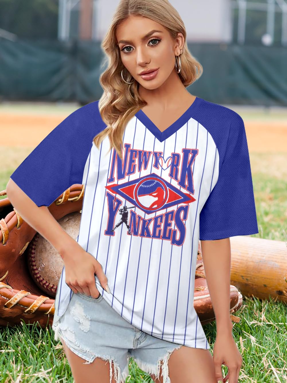 Baseball Shirt Women Striped Baseball Team Jersey V Neck Baseball Mom Shirts Tee Game Day Fans Tshirt Gifts Tops White-Blue