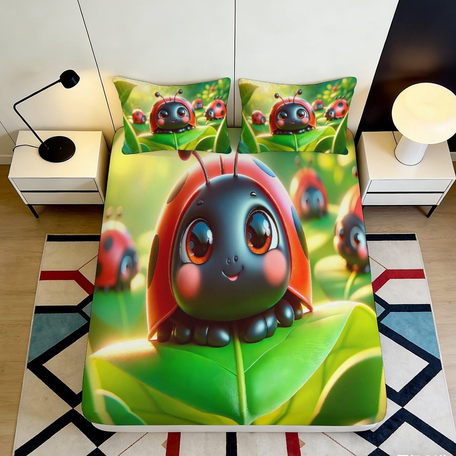 3D Printed Ladybug Cartoon Fitted Sheet Deep Pocket Microfiber Elastic Hem Ladybird Mattress Fitted Cover Bedding 200x200x25cm