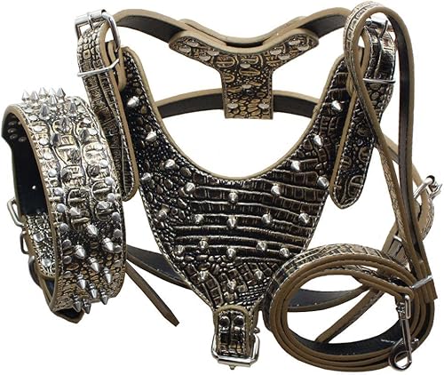 Bbmmayy Juego de arnés y collar de cuero para perro, razas grandes, Bull Terriers, labradores, dobermans, arnés de cuero duradero con tachuelas de