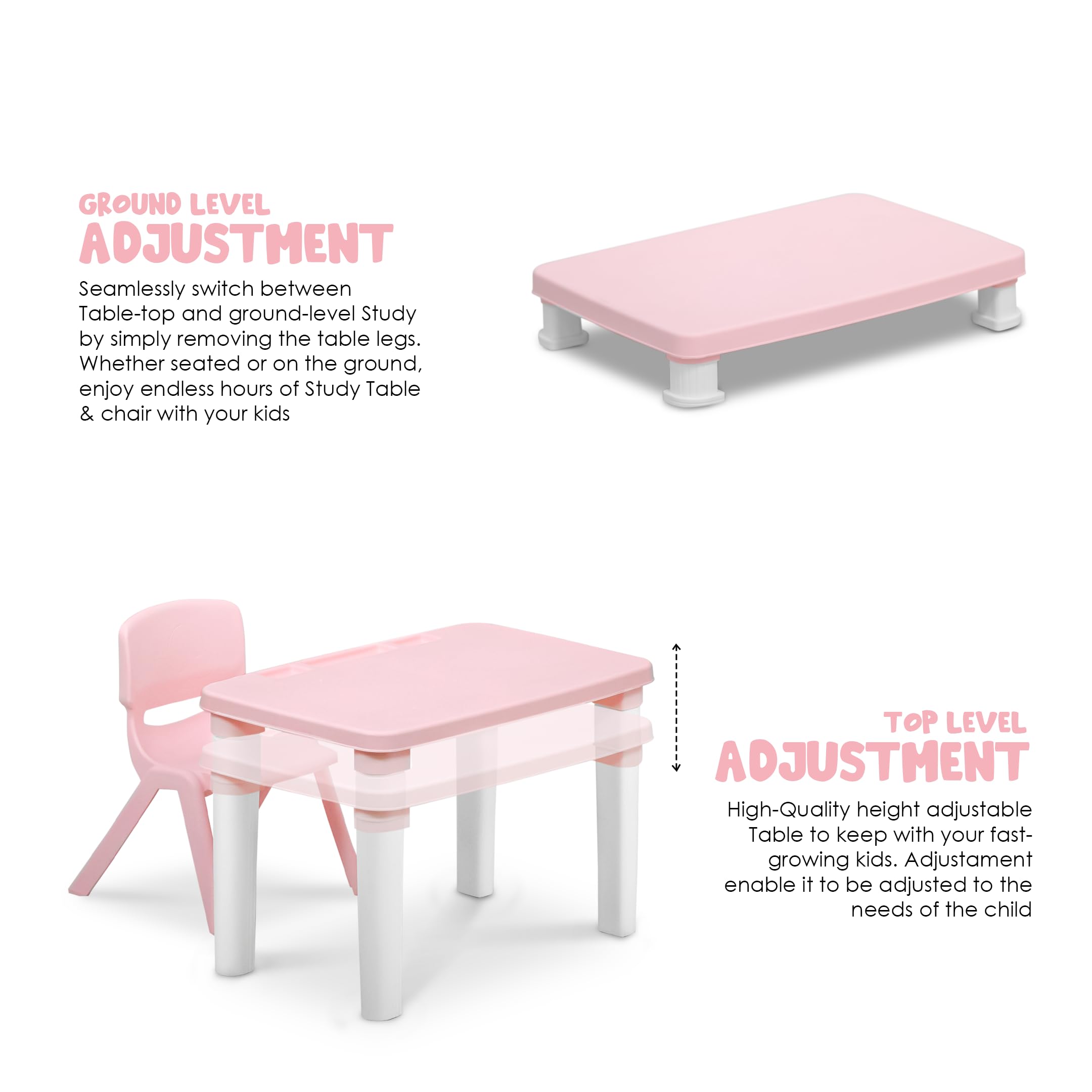HAPPY BEAR Table and Chair Set for Kids Strong & Durable Plastic Made Rectangle Table with Box Space for Stationery 3 Level Height Adjustable (T&C2 - Pink) 1