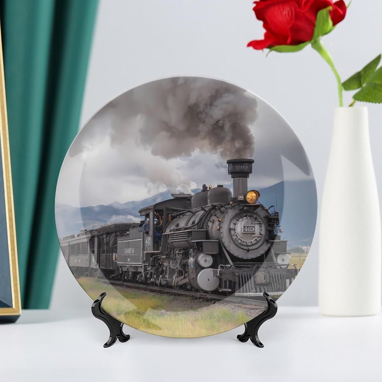 Steam Locomotive Train Novelty Decorative Plate with Display Stand Ceramic Ornament Hanging Wall Decor
