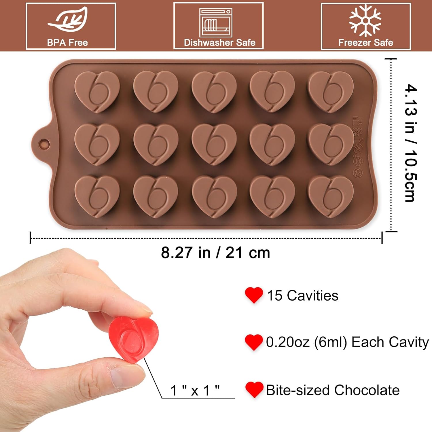 Mini Heart Silicone Molds, 15 Cavities Heart Chocolate Molds with a Six Design in the Center for Making Candy/Fondant/Gummy, 2 PCS Food Grade Chocolate Mold for Fruit Snack/Snack Biscuits - Image 2
