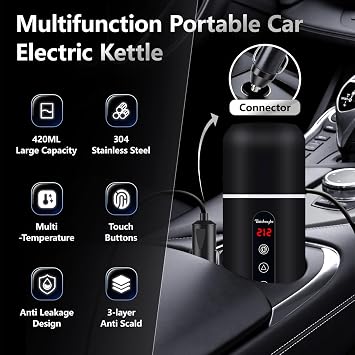Car Kettle,Portable Electric Travel Kettle,12V/24V Car Coffee Warmer,420ML Hot Water Boiler,Small Hot Water Heater, Mini Hot Water Boiler with Built-in Magnetic Induction Stirring for Tea Coffee Milk