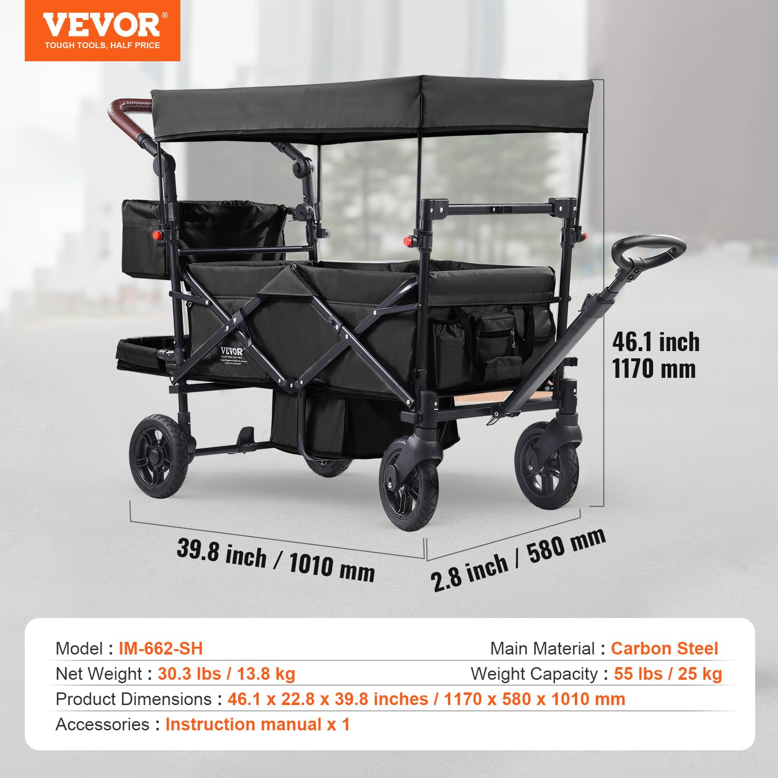 VEVOR Passeggino Wagon per 2 Bambini Pieghevole con Maniglia Regolabile, Tettuccio Rimovibile, Imbracatura Circolare, 4 Ruote con Freni, Multifunzione per Campeggio, Nero