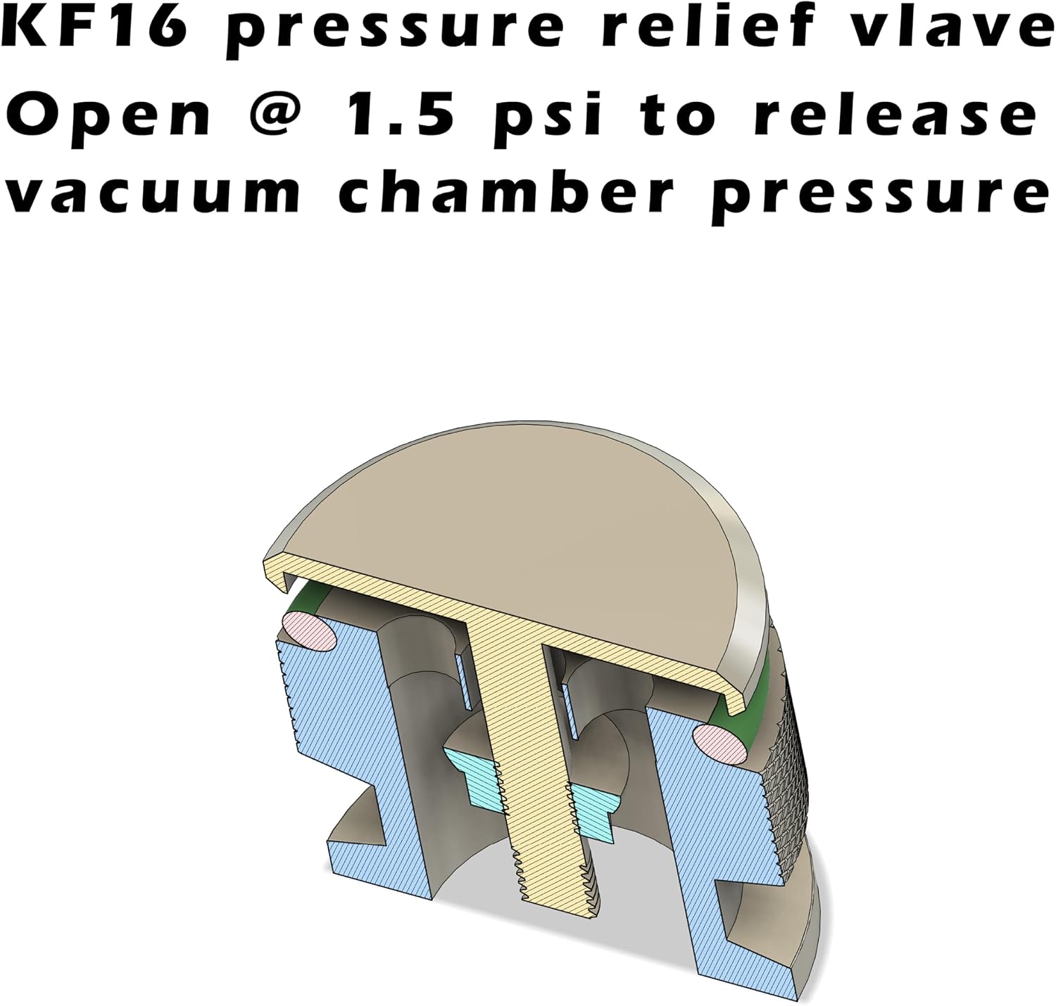 bmotiontech over pressure relief valve keep vacuum chamber below excessive positive pressure < 1.5psig, improved version, One-piece valve body (KF16 flange)